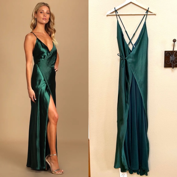 Forest Green Satin Wrap Backless Slip Dress 🌿 - Picture 1 of 16